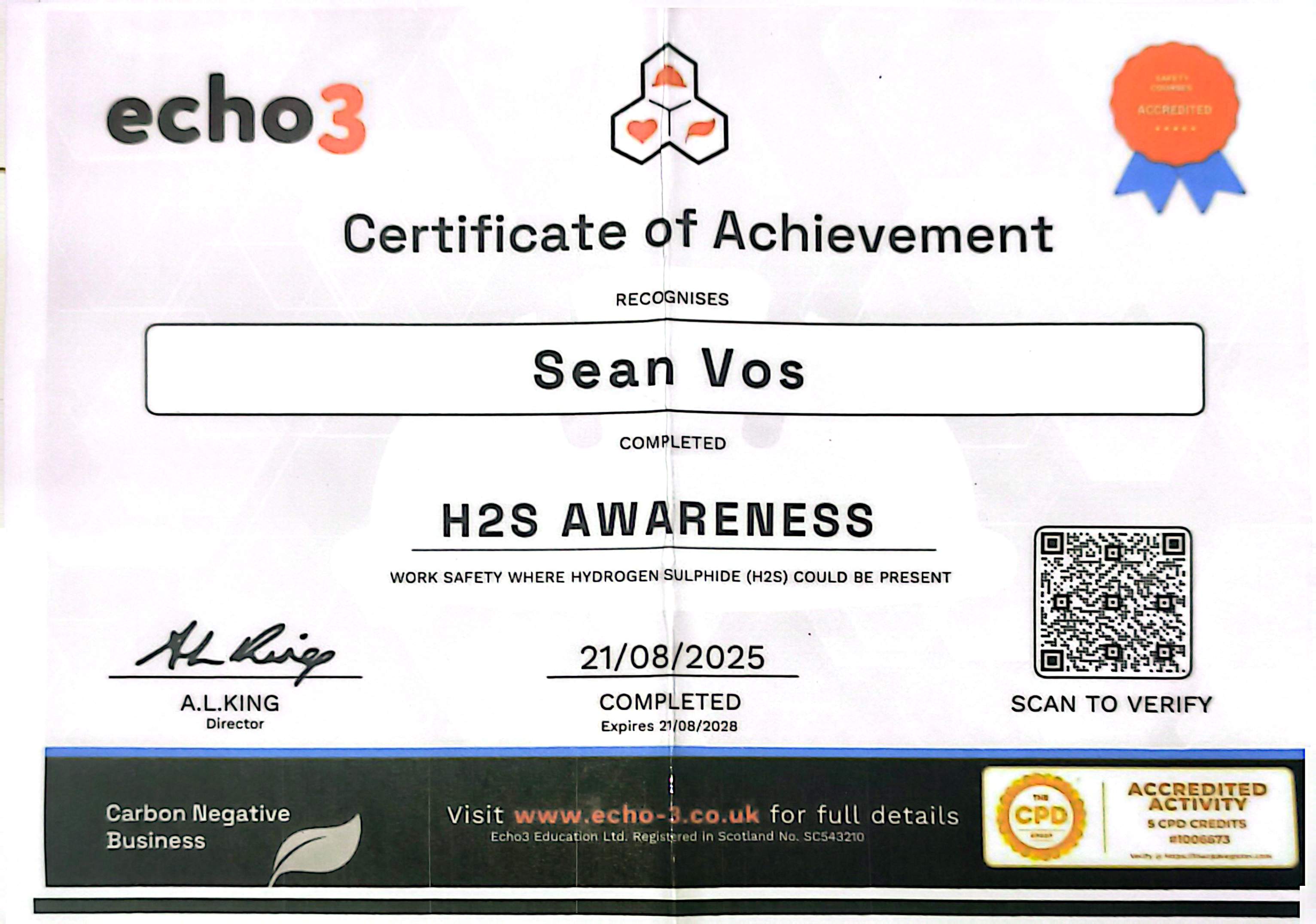 Certificate: H2S Awareness Certificate