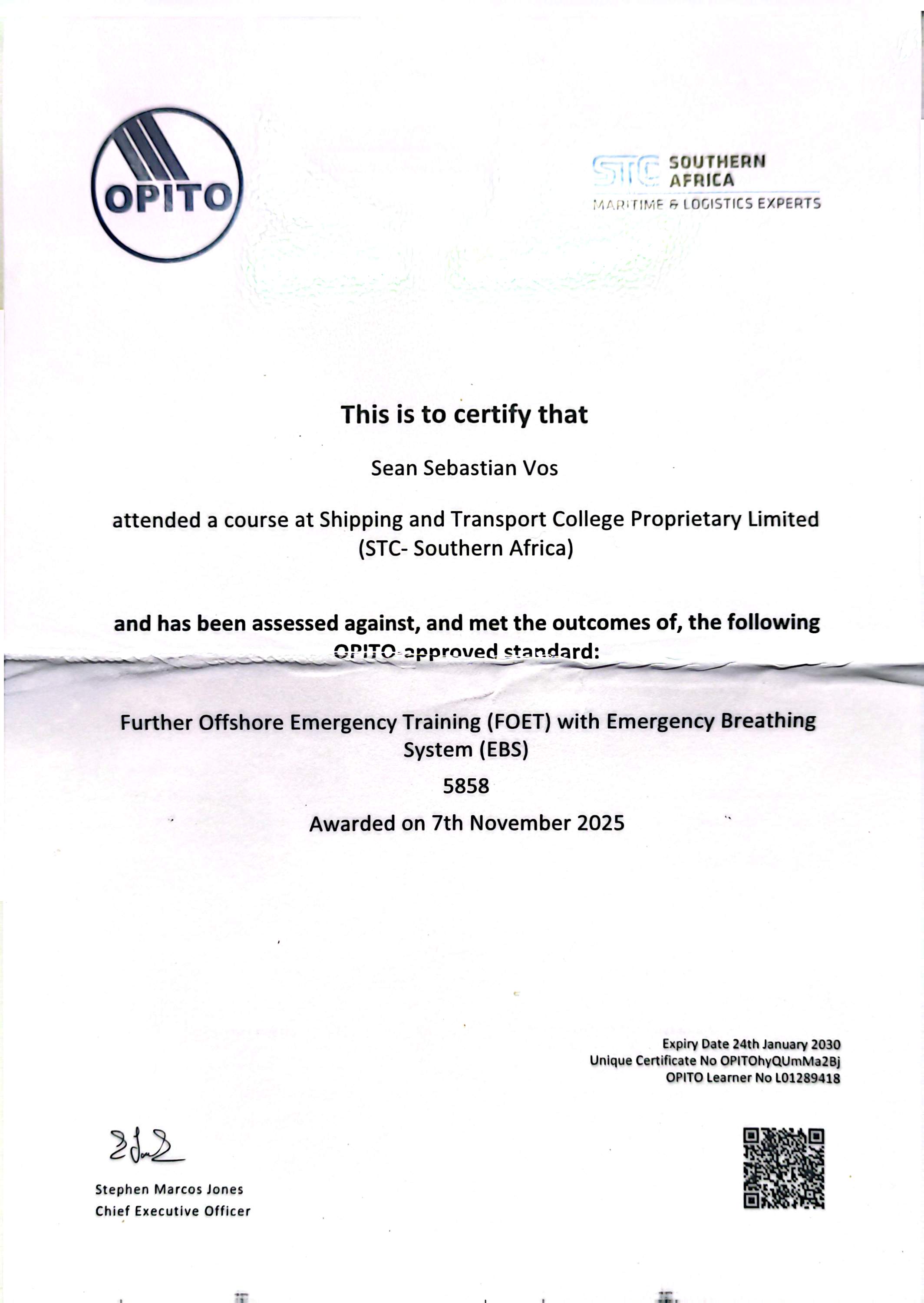 Certificate: Offshore Survival Training
