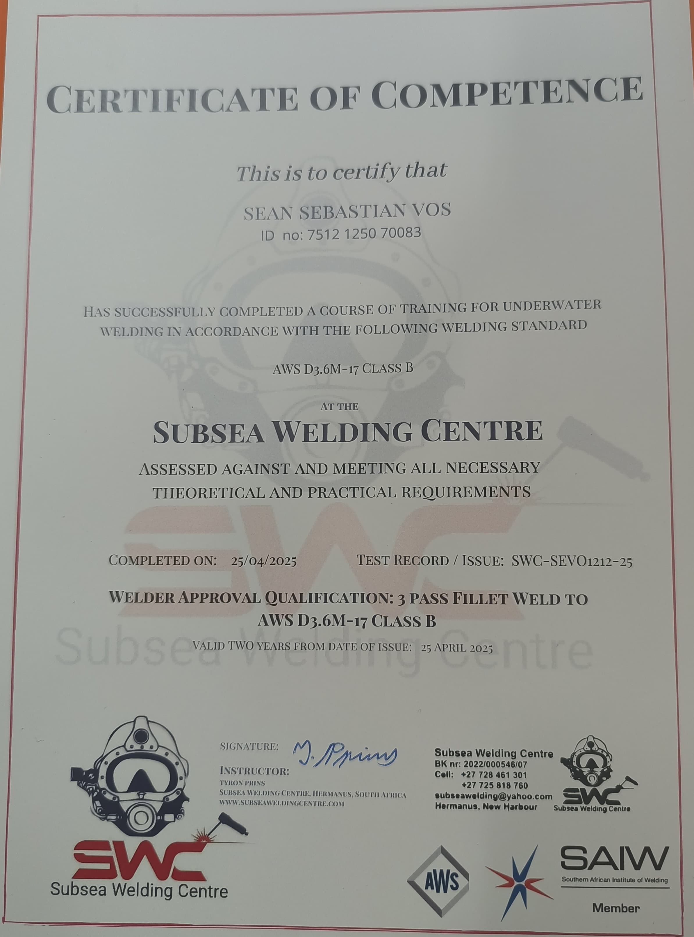 Certificate: AWS D3.6M-17 Class B